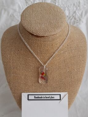 Fused Glass Pendant Necklace with Red and Yellow Accent on Silver Chain